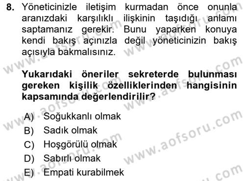 Yönetici Asistanlığı Dersi 2025 - 2026 Yılı (Vize) Ara Sınav Soruları 8. Soru
