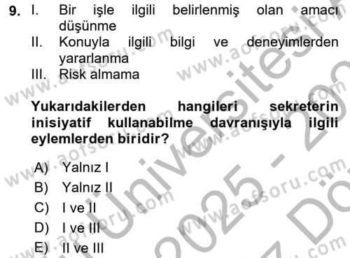 Yönetici Asistanlığı Dersi 2025 - 2026 Yılı (Vize) Ara Sınav Soruları 9. Soru
