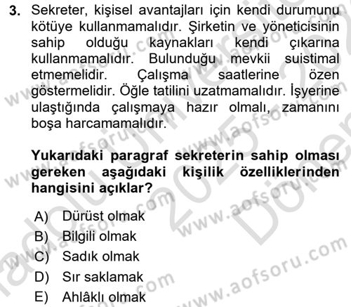 Yönetici Asistanlığı Dersi 2025 - 2026 Yılı (Final) Dönem Sonu Sınav Soruları 3. Soru
