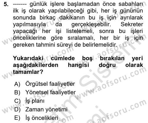 Yönetici Asistanlığı Dersi 2025 - 2026 Yılı (Final) Dönem Sonu Sınav Soruları 5. Soru