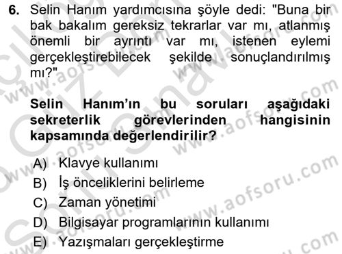 Yönetici Asistanlığı Dersi 2025 - 2026 Yılı (Final) Dönem Sonu Sınav Soruları 6. Soru