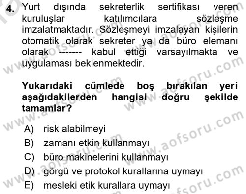 Yönetici Asistanlığı Dersi 2025 - 2026 Yılı Yaz Okulu Sınav Soruları 4. Soru