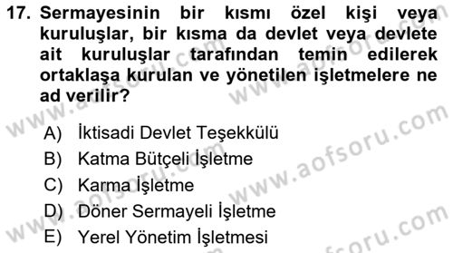Kamu Özel Kesim Yapısı Ve İlişkileri Dersi 2023 - 2024 Yılı (Final) Dönem Sonu Sınav Soruları 17. Soru