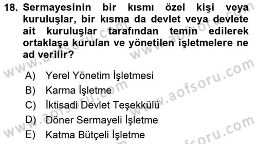 Kamu Özel Kesim Yapısı Ve İlişkileri Dersi 2024 - 2025 Yılı Yaz Okulu Sınav Soruları 18. Soru