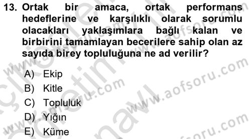Ekip Yönetimi ve Liderlik Dersi 2021 - 2022 Yılı Yaz Okulu Sınav Soruları 13. Soru