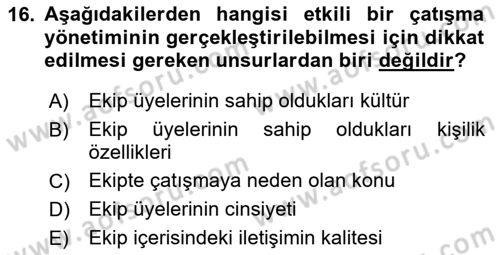 Ekip Yönetimi ve Liderlik Dersi 2024 - 2025 Yılı Yaz Okulu Sınav Soruları 16. Soru