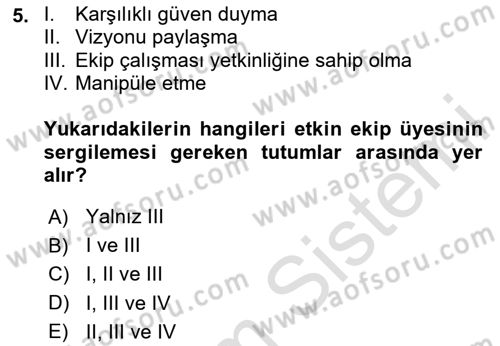 Ekip Yönetimi ve Liderlik Dersi 2025 - 2026 Yılı (Vize) Ara Sınav Soruları 5. Soru