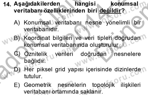 Coğrafi Bilgi Sistemlerine Giriş Dersi 2014 - 2015 Yılı (Final) Dönem Sonu Sınav Soruları 14. Soru