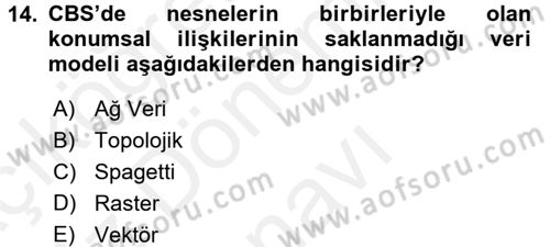 Coğrafi Bilgi Sistemlerine Giriş Dersi 2017 - 2018 Yılı (Final) Dönem Sonu Sınav Soruları 14. Soru