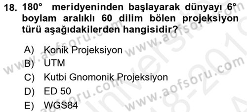 Coğrafi Bilgi Sistemlerine Giriş Dersi 2018 - 2019 Yılı (Vize) Ara Sınav Soruları 18. Soru