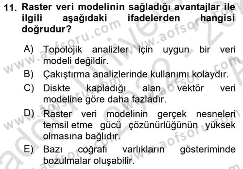 Coğrafi Bilgi Sistemlerine Giriş Dersi 2022 - 2023 Yılı (Vize) Ara Sınav Soruları 11. Soru