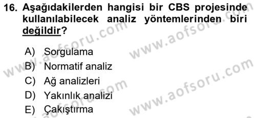 Coğrafi Bilgi Sistemlerine Giriş Dersi 2022 - 2023 Yılı (Vize) Ara Sınav Soruları 16. Soru