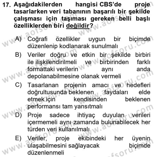Coğrafi Bilgi Sistemlerine Giriş Dersi 2022 - 2023 Yılı (Vize) Ara Sınav Soruları 17. Soru