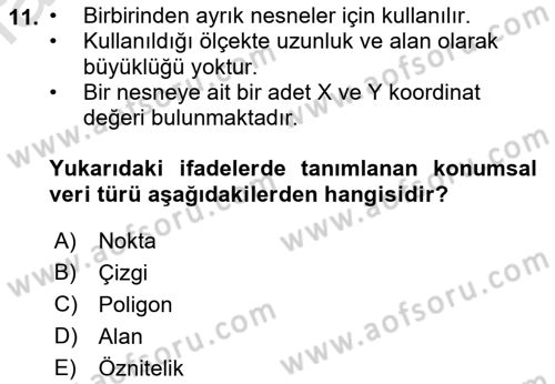 Coğrafi Bilgi Sistemlerine Giriş Dersi 2023 - 2024 Yılı (Vize) Ara Sınav Soruları 11. Soru