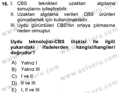 Coğrafi Bilgi Sistemlerine Giriş Dersi 2023 - 2024 Yılı (Final) Dönem Sonu Sınavı 16. Soru