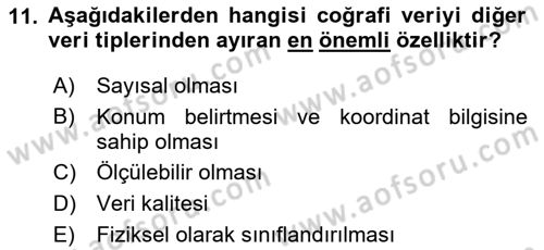 Coğrafi Bilgi Sistemlerine Giriş Dersi 2024 - 2025 Yılı (Vize) Ara Sınav Soruları 11. Soru