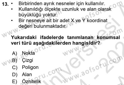 Coğrafi Bilgi Sistemlerine Giriş Dersi 2024 - 2025 Yılı (Vize) Ara Sınav Soruları 13. Soru