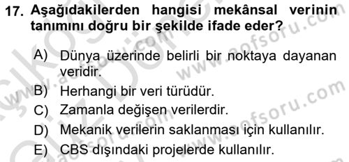 Coğrafi Bilgi Sistemlerine Giriş Dersi 2024 - 2025 Yılı (Vize) Ara Sınav Soruları 17. Soru