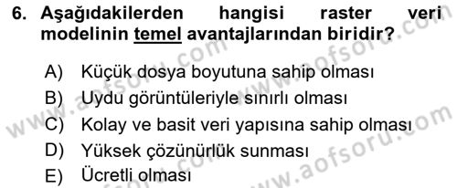 Coğrafi Bilgi Sistemlerine Giriş Dersi 2024 - 2025 Yılı Yaz Okulu Sınav Soruları 6. Soru