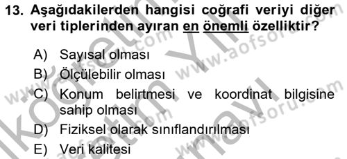 Coğrafi Bilgi Sistemlerine Giriş Dersi 2025 - 2026 Yılı (Vize) Ara Sınav Soruları 13. Soru