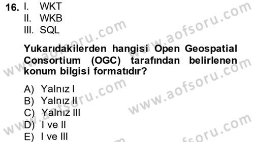 Coğrafi Bilgi Sistemleri Dersi 2014 - 2015 Yılı (Vize) Ara Sınav Soruları 16. Soru