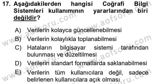 Coğrafi Bilgi Sistemleri Dersi 2015 - 2016 Yılı (Vize) Ara Sınav Soruları 17. Soru