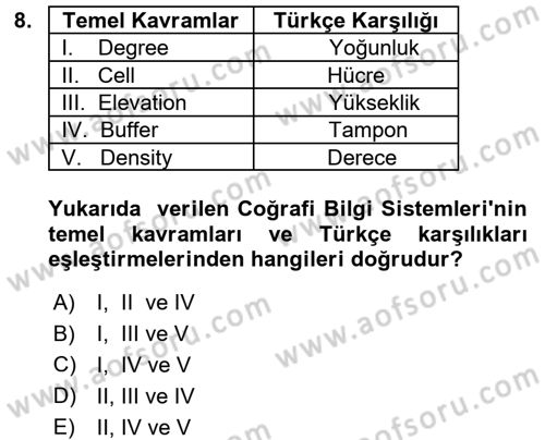 Coğrafi Bilgi Sistemleri Dersi 2015 - 2016 Yılı (Vize) Ara Sınav Soruları 8. Soru