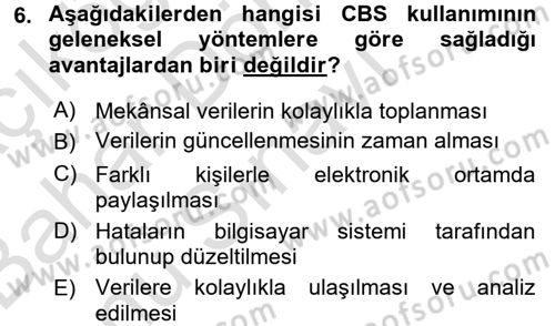 Coğrafi Bilgi Sistemleri Dersi 2016 - 2017 Yılı (Final) Dönem Sonu Sınav Soruları 6. Soru