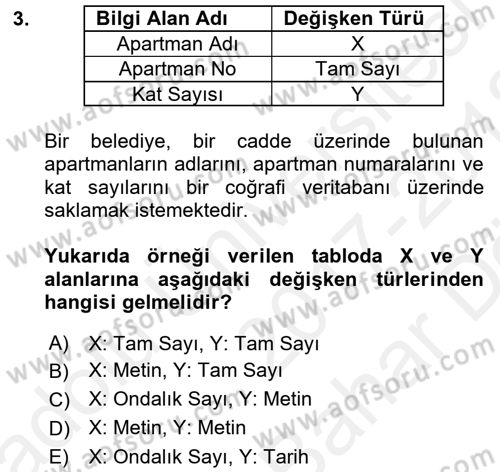 Coğrafi Bilgi Sistemleri Dersi 2017 - 2018 Yılı (Vize) Ara Sınav Soruları 3. Soru