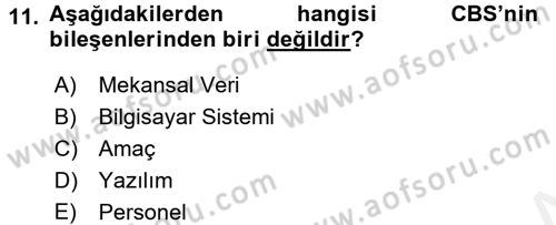 Coğrafi Bilgi Sistemleri Dersi 2017 - 2018 Yılı (Final) Dönem Sonu Sınav Soruları 11. Soru