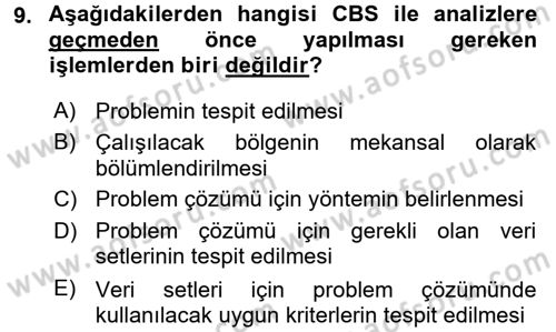 Coğrafi Bilgi Sistemleri Dersi 2017 - 2018 Yılı (Final) Dönem Sonu Sınav Soruları 9. Soru