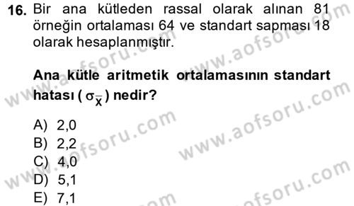 Coğrafi Bilgi Sistemleri İçin Temel İstatistik Dersi Ara Sınavı Deneme Sınav Soruları 16. Soru