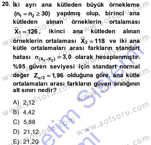 Coğrafi Bilgi Sistemleri İçin Temel İstatistik Dersi Ara Sınavı Deneme Sınav Soruları 20. Soru