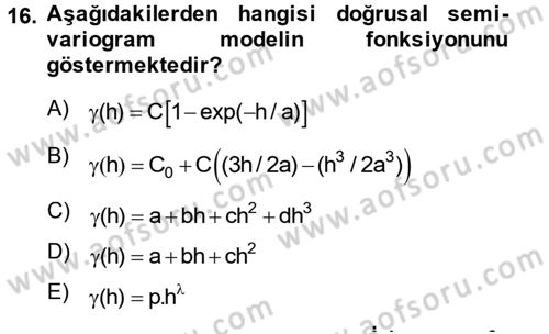Coğrafi Bilgi Sistemleri İçin Temel İstatistik Dersi 2014 - 2015 Yılı (Final) Dönem Sonu Sınav Soruları 16. Soru