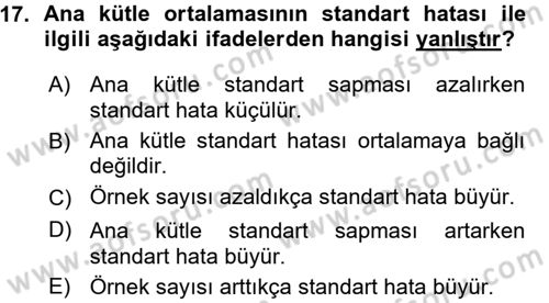 Coğrafi Bilgi Sistemleri İçin Temel İstatistik Dersi Ara Sınavı Deneme Sınav Soruları 17. Soru