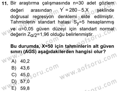 Coğrafi Bilgi Sistemleri İçin Temel İstatistik Dersi 2015 - 2016 Yılı (Final) Dönem Sonu Sınav Soruları 11. Soru
