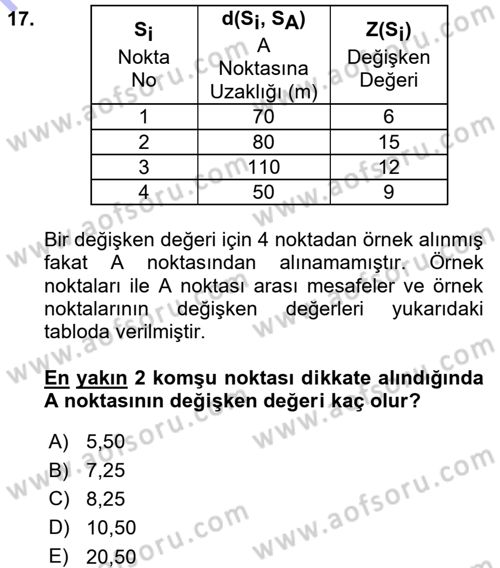 Coğrafi Bilgi Sistemleri İçin Temel İstatistik Dersi 2015 - 2016 Yılı (Final) Dönem Sonu Sınav Soruları 17. Soru