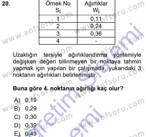 Coğrafi Bilgi Sistemleri İçin Temel İstatistik Dersi 2015 - 2016 Yılı (Final) Dönem Sonu Sınav Soruları 20. Soru