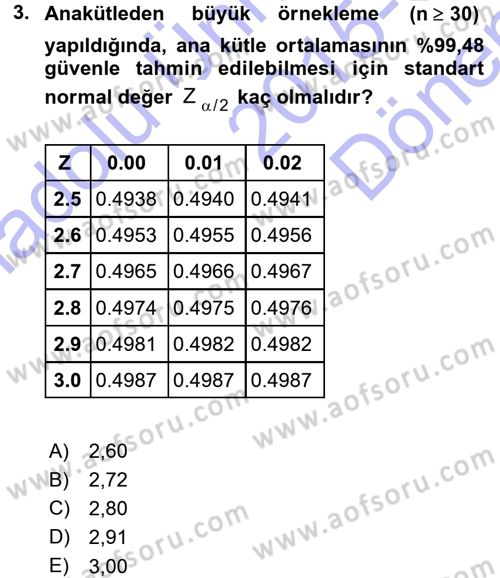 Coğrafi Bilgi Sistemleri İçin Temel İstatistik Dersi 2015 - 2016 Yılı (Final) Dönem Sonu Sınav Soruları 3. Soru