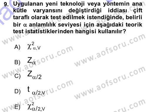 Coğrafi Bilgi Sistemleri İçin Temel İstatistik Dersi 2015 - 2016 Yılı (Final) Dönem Sonu Sınav Soruları 9. Soru