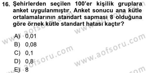 Coğrafi Bilgi Sistemleri İçin Temel İstatistik Dersi Ara Sınavı Deneme Sınav Soruları 16. Soru