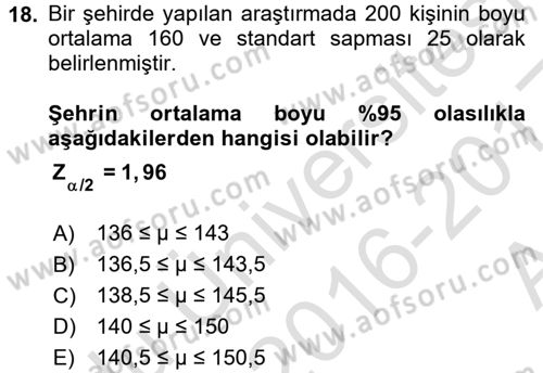Coğrafi Bilgi Sistemleri İçin Temel İstatistik Dersi 2016 - 2017 Yılı (Vize) Ara Sınav Soruları 18. Soru