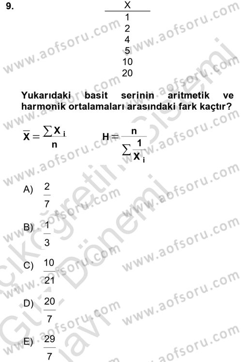Coğrafi Bilgi Sistemleri İçin Temel İstatistik Dersi Ara Sınavı Deneme Sınav Soruları 9. Soru