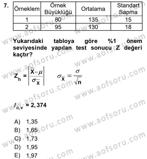 Coğrafi Bilgi Sistemleri İçin Temel İstatistik Dersi 2016 - 2017 Yılı (Final) Dönem Sonu Sınav Soruları 7. Soru