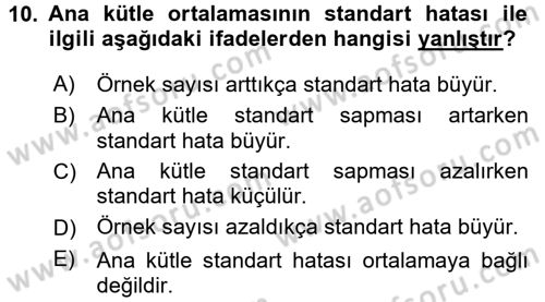 Coğrafi Bilgi Sistemleri İçin Temel İstatistik Dersi 2017 - 2018 Yılı 3 Ders Sınav Soruları 10. Soru