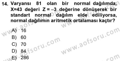 Coğrafi Bilgi Sistemleri İçin Temel İstatistik Dersi 2017 - 2018 Yılı (Vize) Ara Sınavı 14. Soru