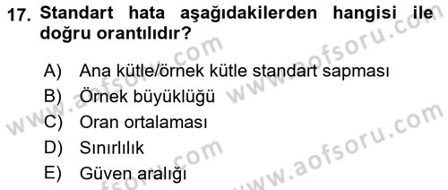 Coğrafi Bilgi Sistemleri İçin Temel İstatistik Dersi 2017 - 2018 Yılı (Vize) Ara Sınavı 17. Soru