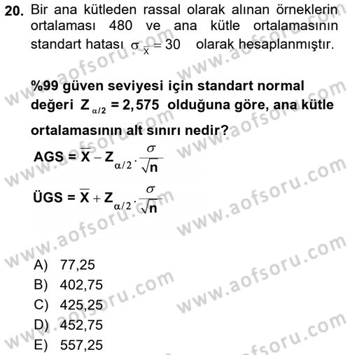 Coğrafi Bilgi Sistemleri İçin Temel İstatistik Dersi 2017 - 2018 Yılı (Vize) Ara Sınavı 20. Soru