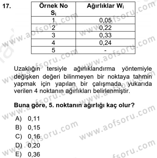 Coğrafi Bilgi Sistemleri İçin Temel İstatistik Dersi 2017 - 2018 Yılı (Final) Dönem Sonu Sınav Soruları 17. Soru