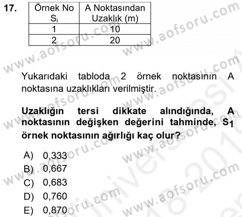 Coğrafi Bilgi Sistemleri İçin Temel İstatistik Dersi 2018 - 2019 Yılı (Final) Dönem Sonu Sınav Soruları 17. Soru